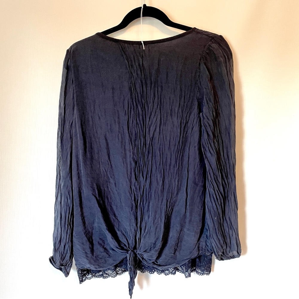 GUISY Silk Blouse M Navy Long Sheer Sleeve Chic Romance Poetic Core Puckered - Picture 5 of 9